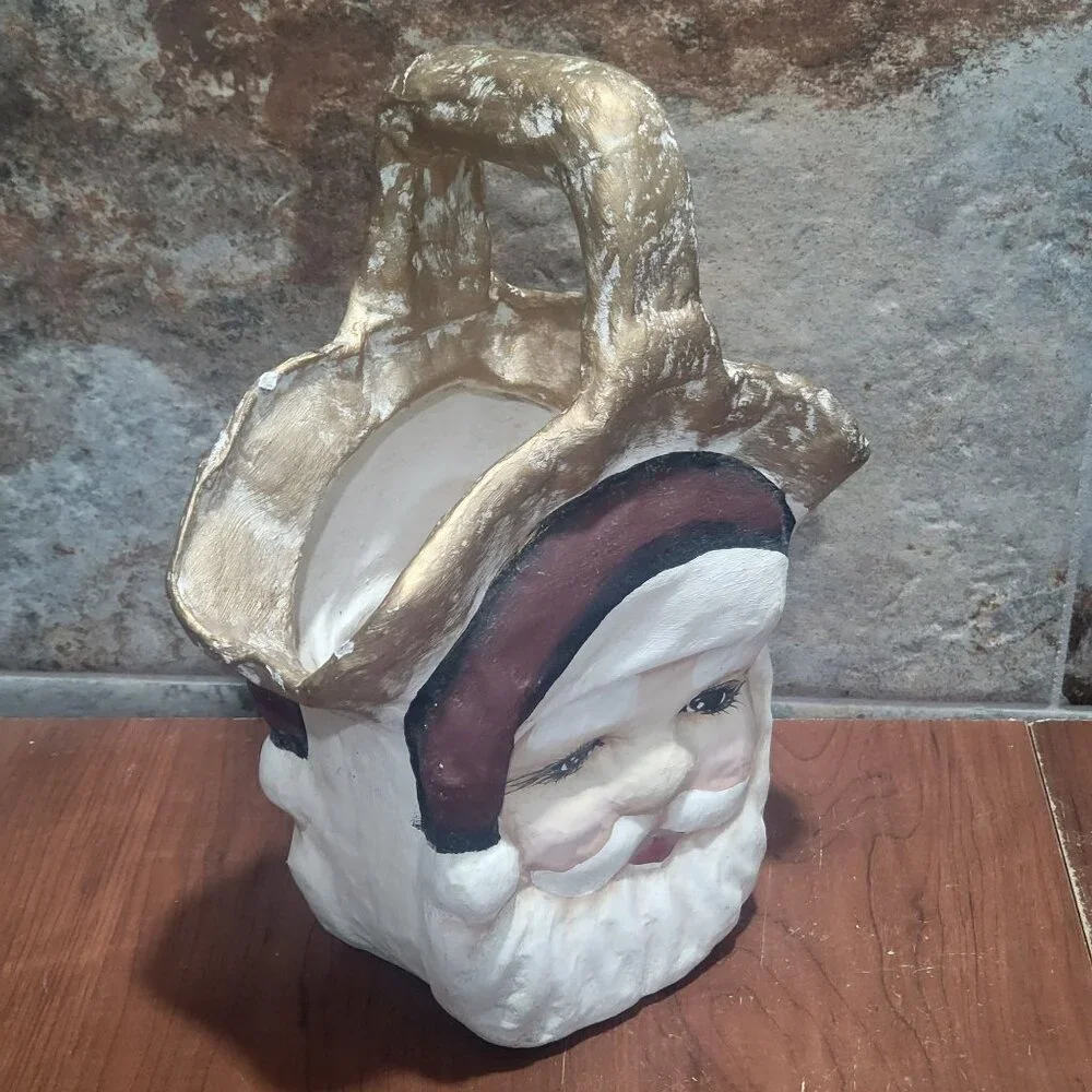 Paper Mache Santa Basket Candy Container Christmas Decoration